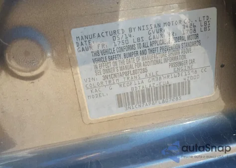 2015 Nissan Versa 1.6 S+ z USA, uszkodzony, nr VIN 3N1CN7AP8FL807285